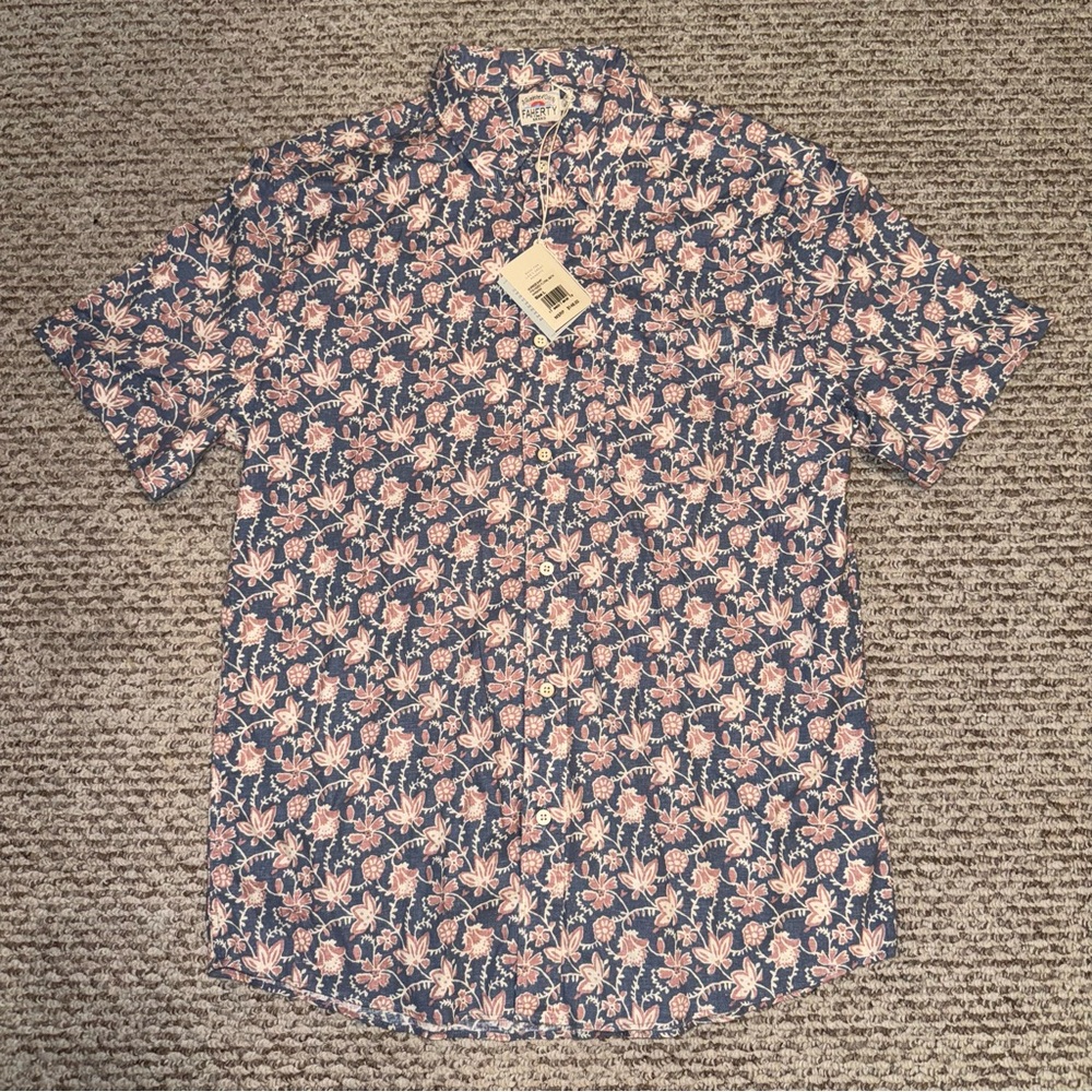 FAHERTY SHORT SLEEVE BUTTON FRONT BREEZE FLORAL LINEN SHIRT NWT SIZE L